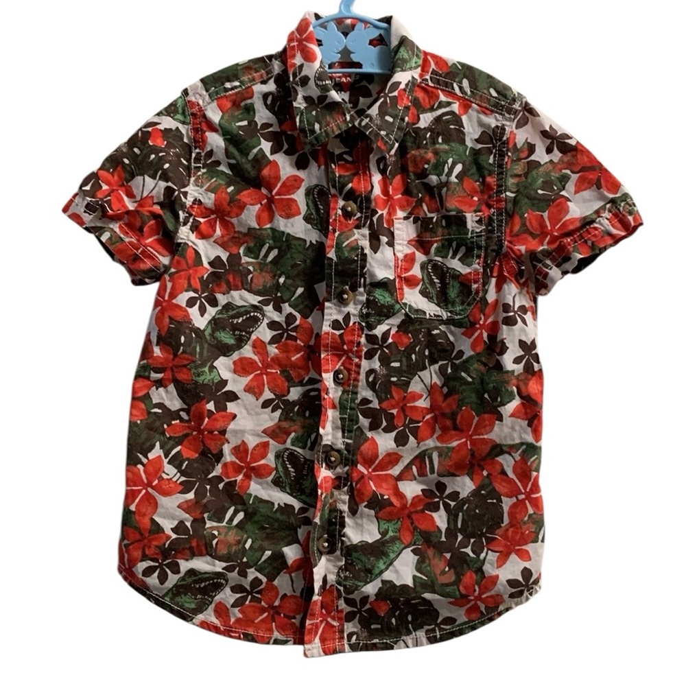 Arizona Jean Co Dinosaur Floral Hawaiian Shirt Boy’s Size 3T Cotton Red Green